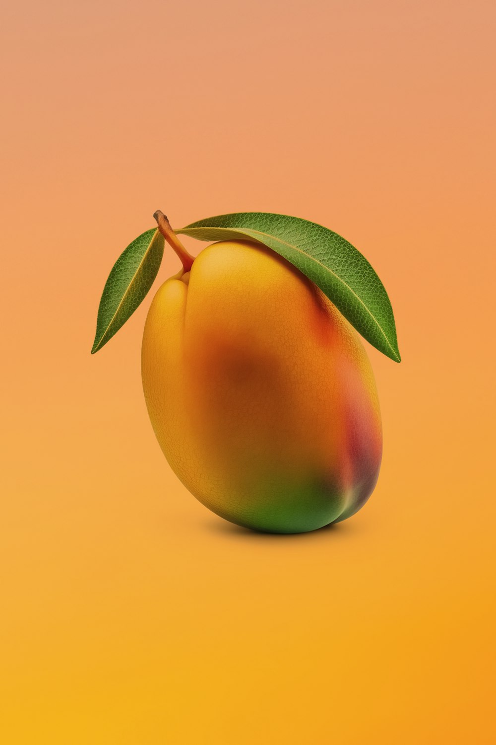 a peach with a green leaf on top of it