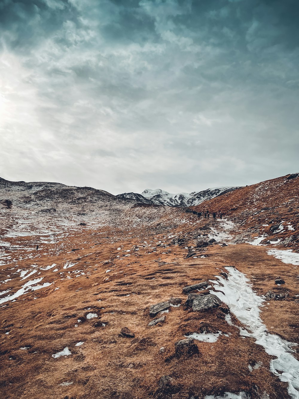 a snow covered field with mountains in the background