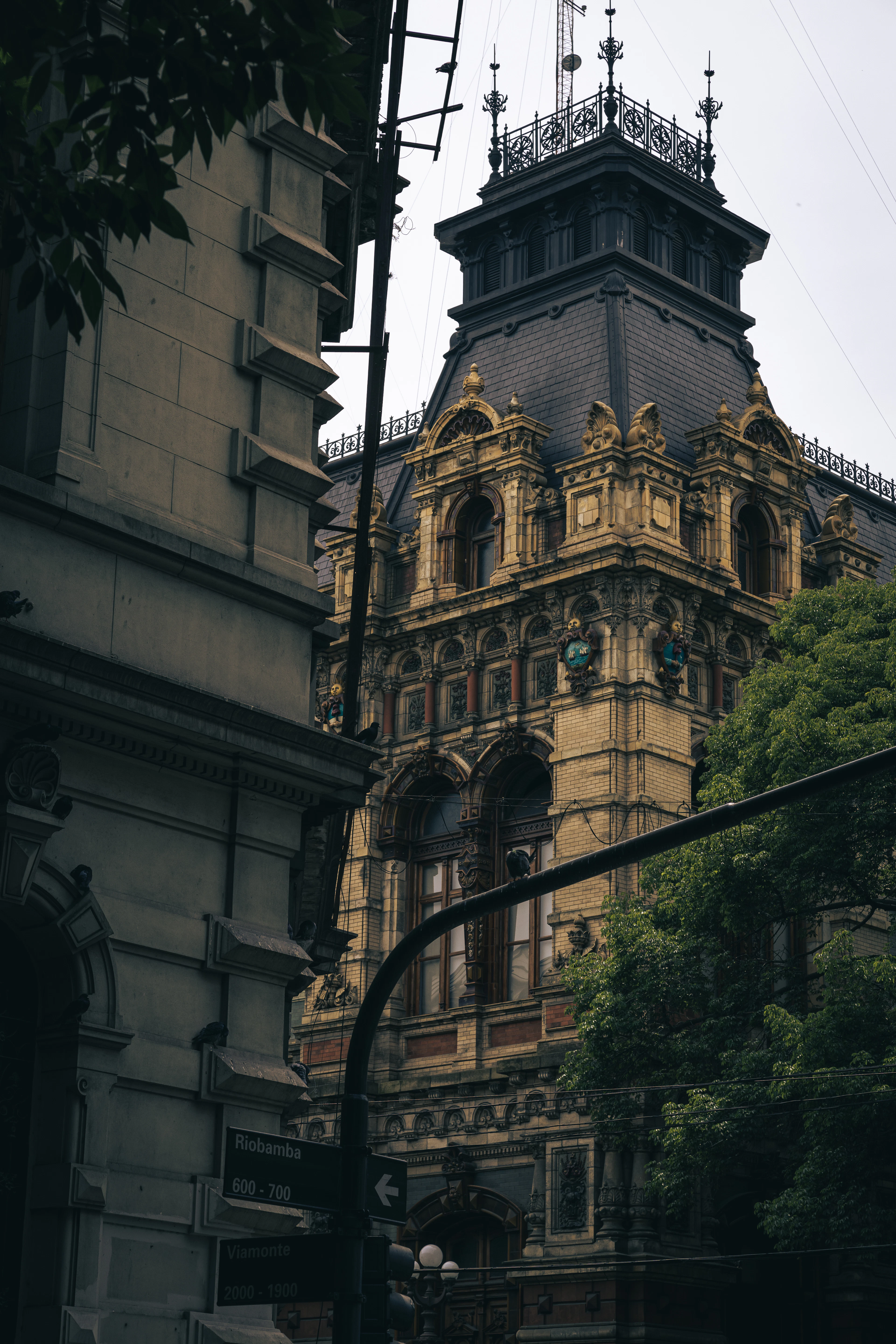 An ornate Beaux-Arts building with a mansard tower rises above the trees at dusk.