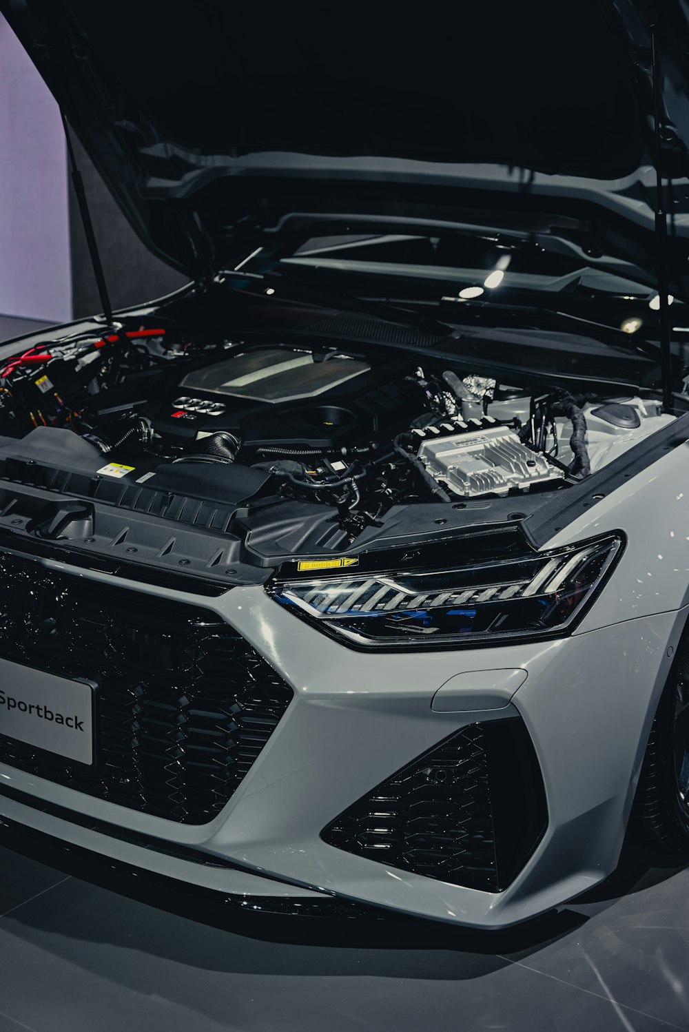 a close up of a car engine on display