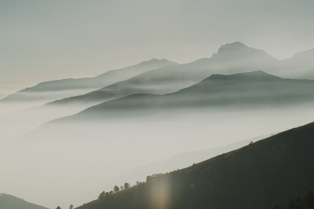 a foggy mountain range with trees and mountains in the distance