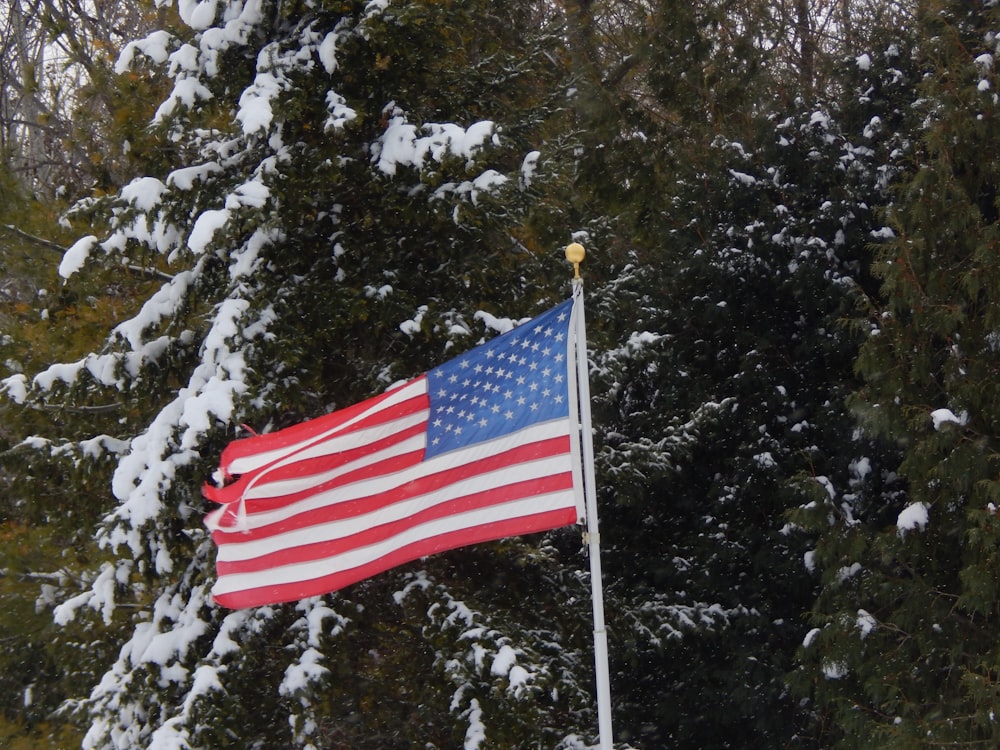 an american flag is flying in the snow