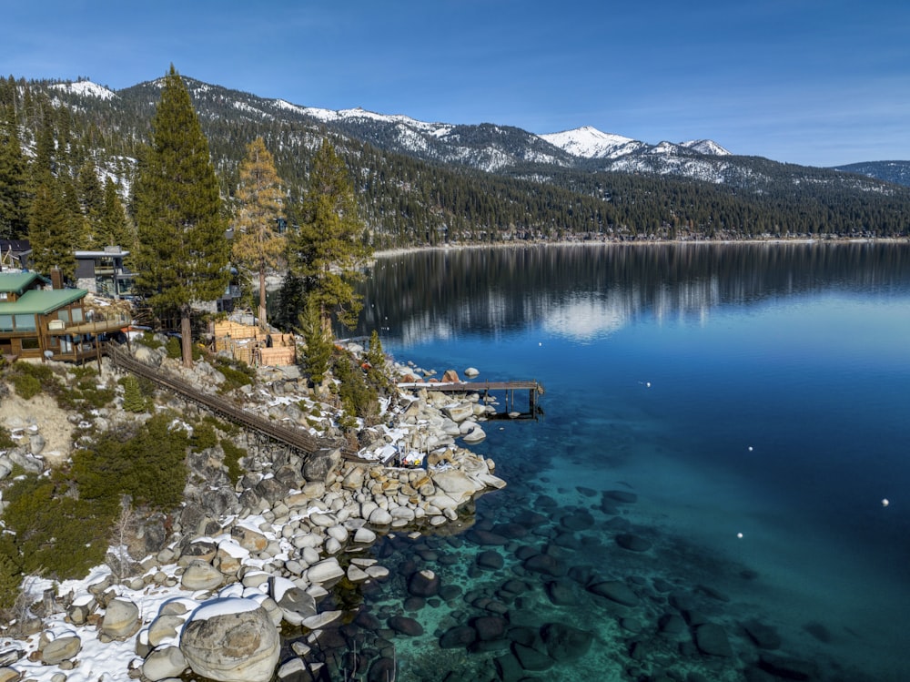 a scenic view of a lake surrounded by mountains