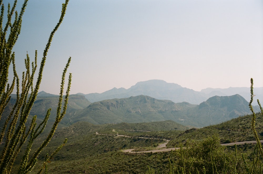 a view of a mountain range with a winding road in the foreground