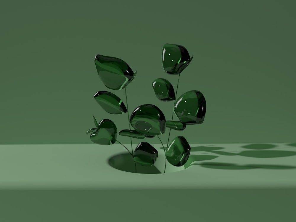 a group of green objects floating in the air