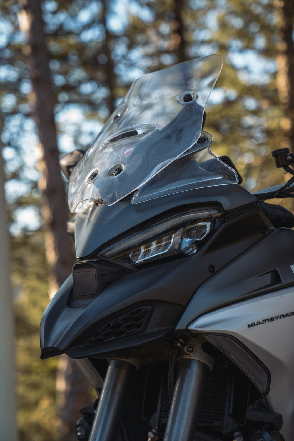 a close up of a motorcycle parked in a forest