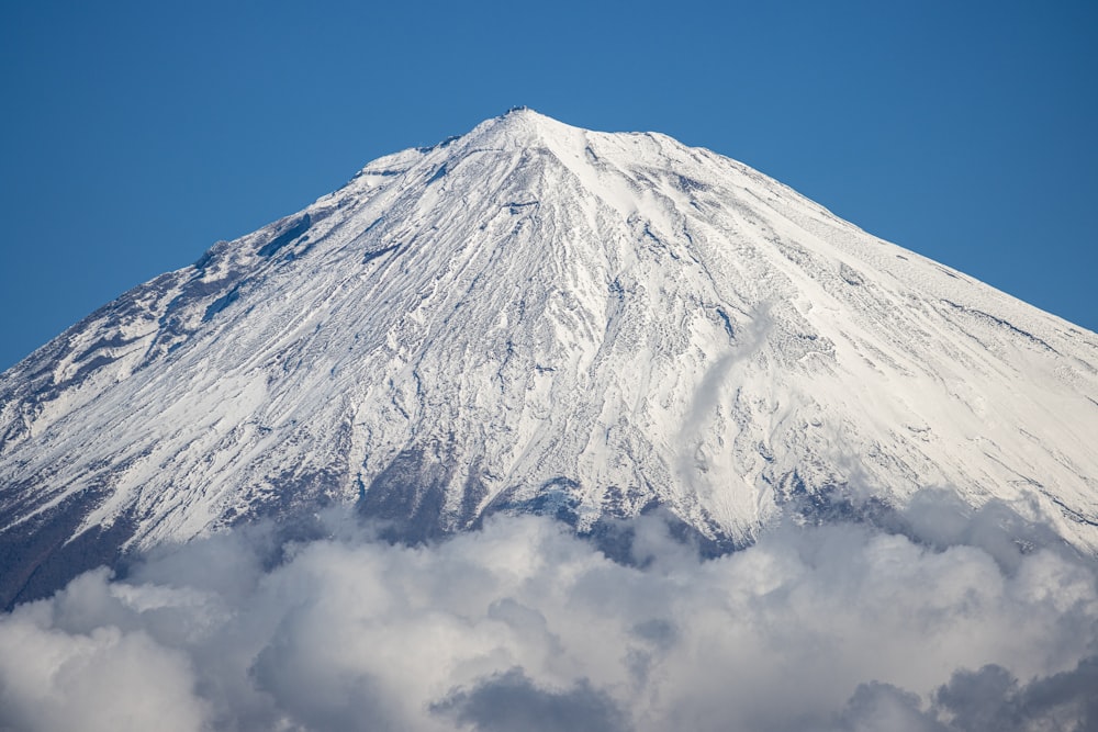 a snow covered mountain in the middle of a cloud filled sky