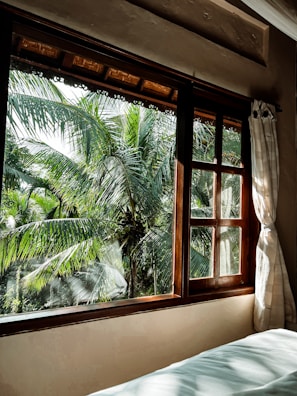 Bedroom featuring soft linens and a window framing palm trees.