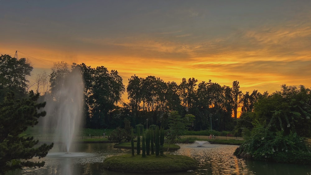 a pond with a fountain in the middle of it