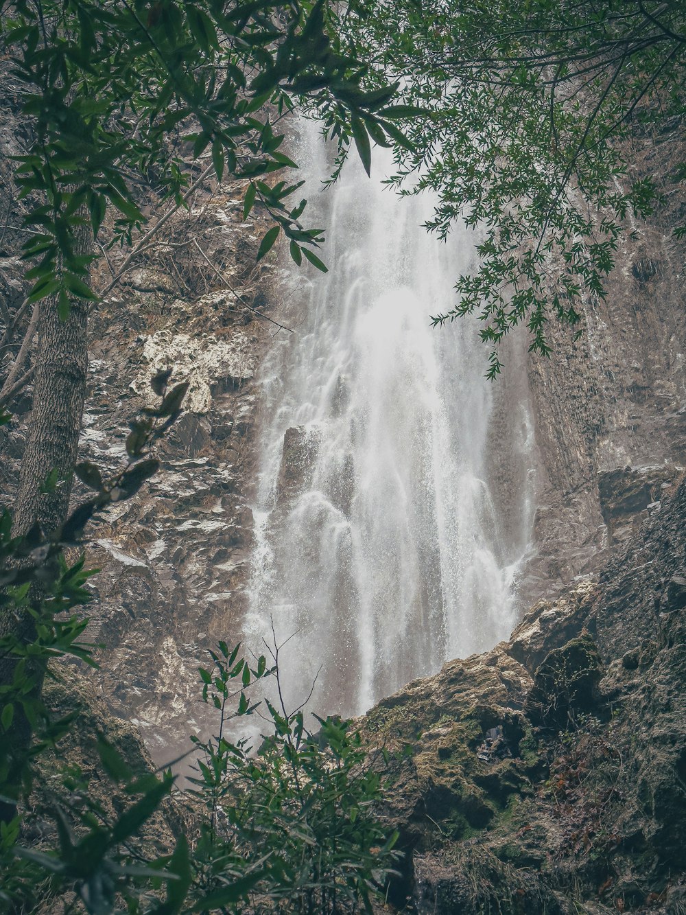 a large waterfall is seen through the trees