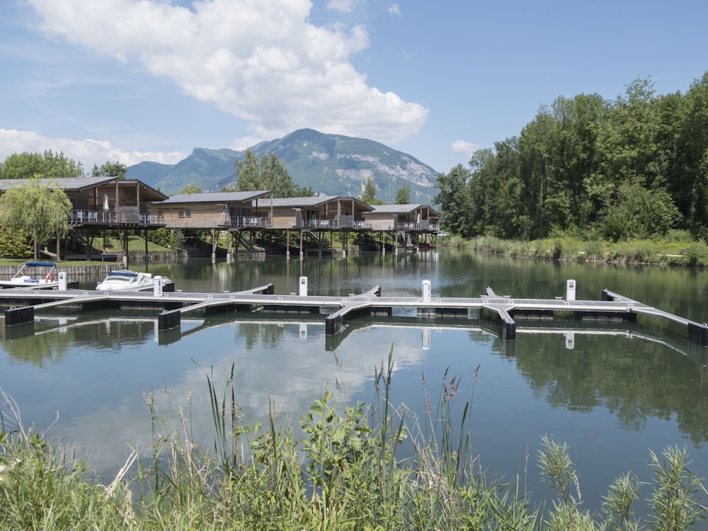 a lake with a dock and several houses on it