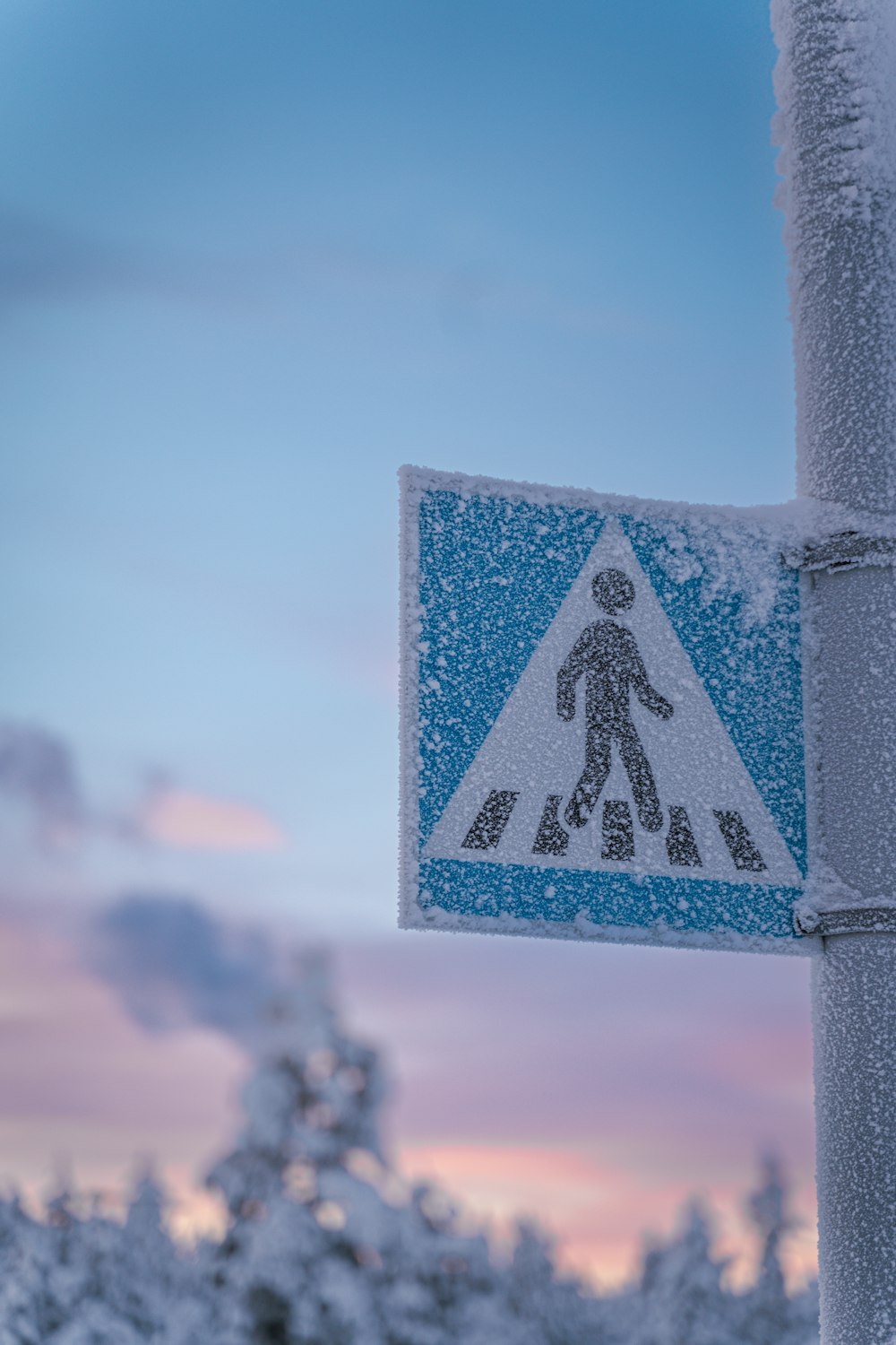 a pedestrian crossing sign is covered in snow