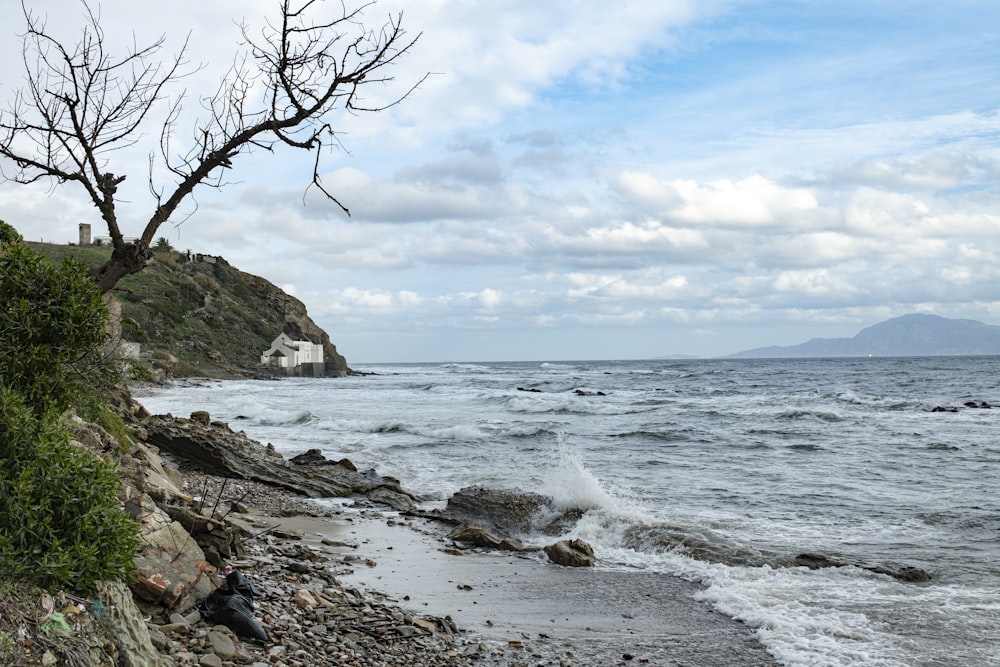 uma pessoa sentada em uma praia rochosa ao lado do oceano