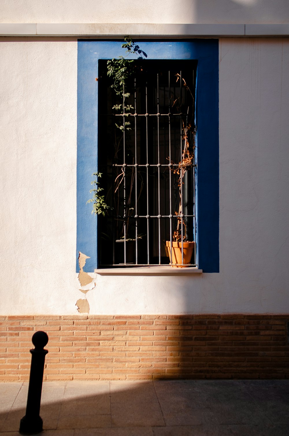 a blue and white building with a window