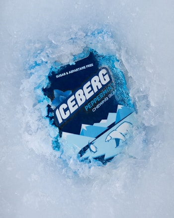 A package of Iceberg Peppermint Chewing Gum is embedded in ice, displayed prominently with visible branding and an illustration of a polar bear and mountains. The ice surrounds the gum, emphasizing a cold, refreshing theme.