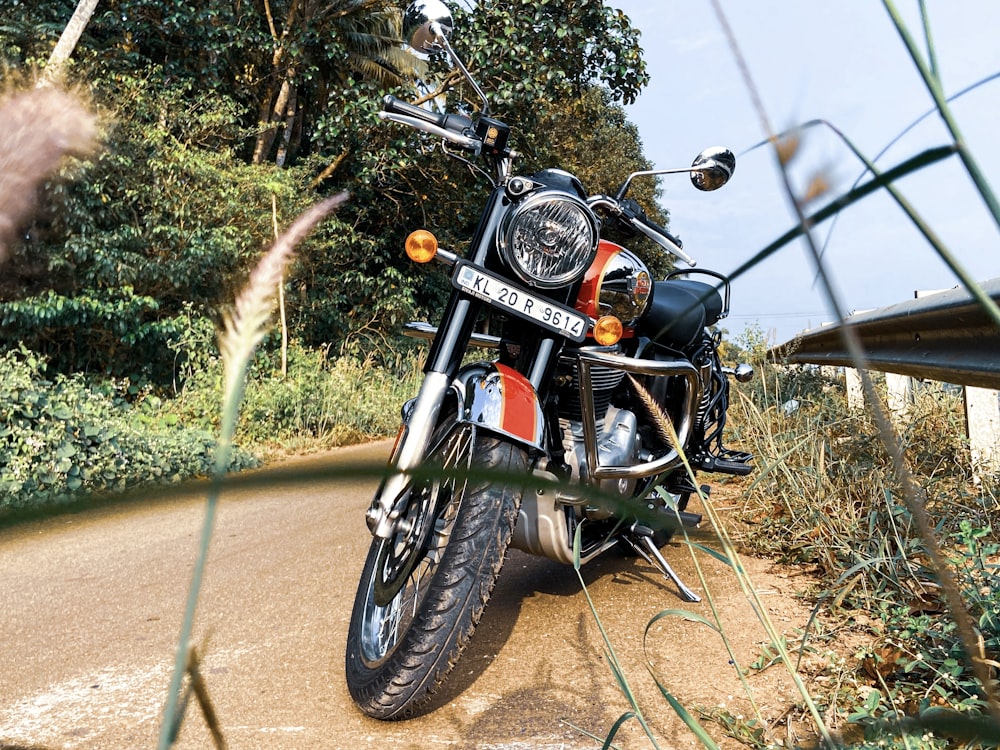 a motorcycle parked on the side of a road