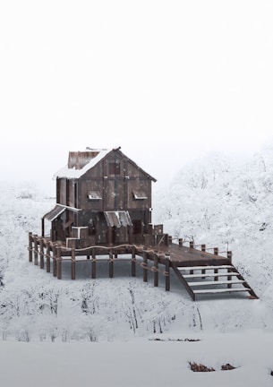 Light wooden house with minimalist design surrounded by snow-covered landscape.