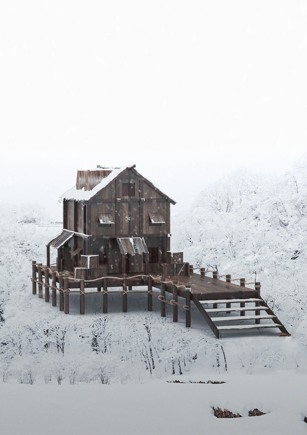 a wooden house sitting on top of a snow covered hill