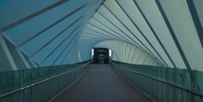 A futuristic pedestrian bridge with a curving, steel framework and glass panels along the walkway. The symmetrical design creates a tunnel-like effect leading to a distant exit. Soft lighting casts a serene atmosphere within the structure.