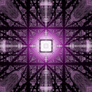 An abstract digital artwork featuring a symmetrical, mirrored design with multiple cylindrical and geometric shapes extending into the distance. The composition centers around a bright light source with purple hues creating a sense of depth and infinity.