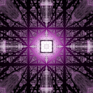 An abstract digital artwork featuring a symmetrical, mirrored design with multiple cylindrical and geometric shapes extending into the distance. The composition centers around a bright light source with purple hues creating a sense of depth and infinity.