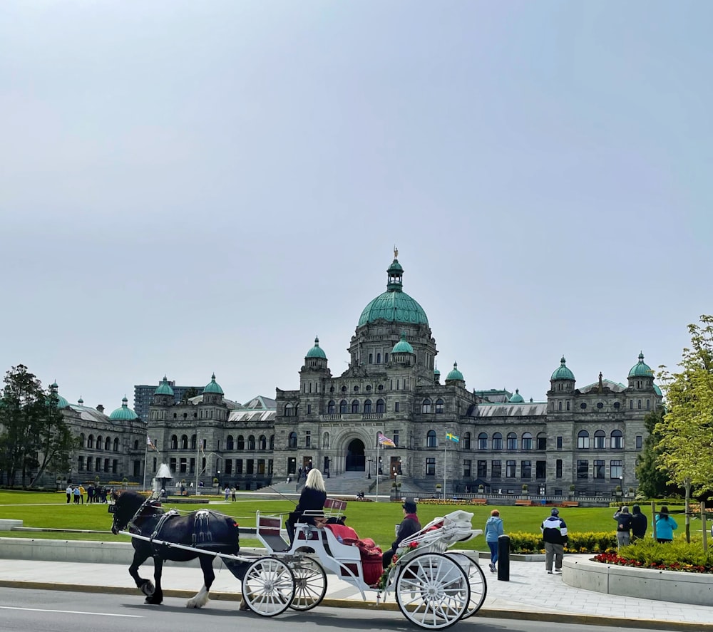 a horse drawn carriage in front of a large building