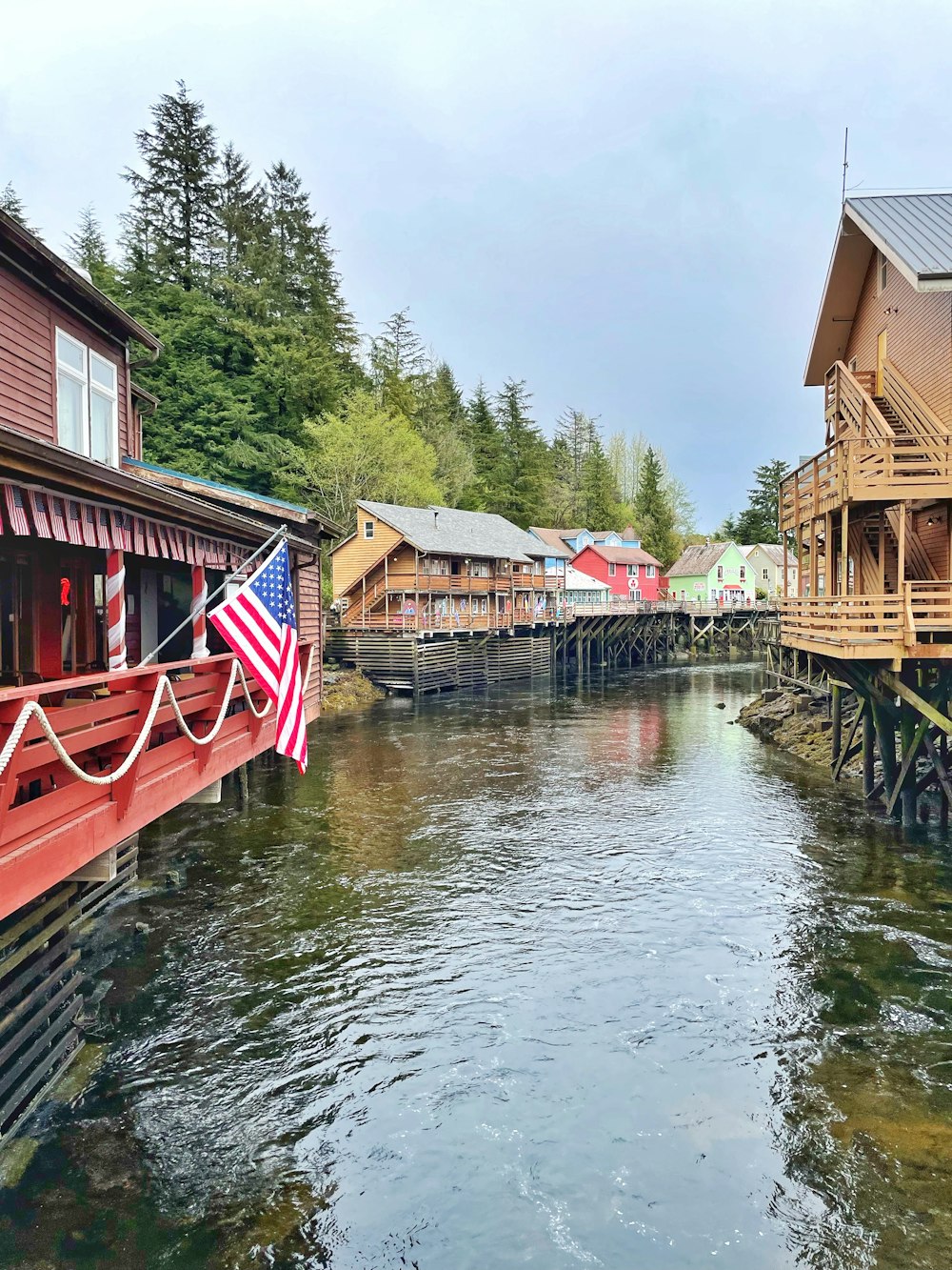 a river running through a small town next to a forest