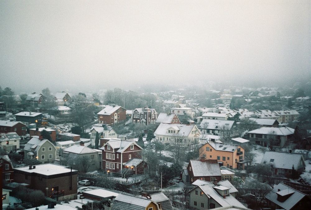 a view of a city in the snow