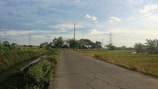 A rural road stretches through a landscape with green fields on either side, lined with trees and bushes. Telephone poles and power lines run parallel to the road, leading toward the distant horizon. The sky is mostly clear with some scattered clouds.