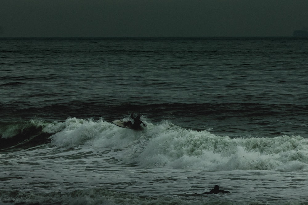 a person riding a surfboard on a wave in the ocean