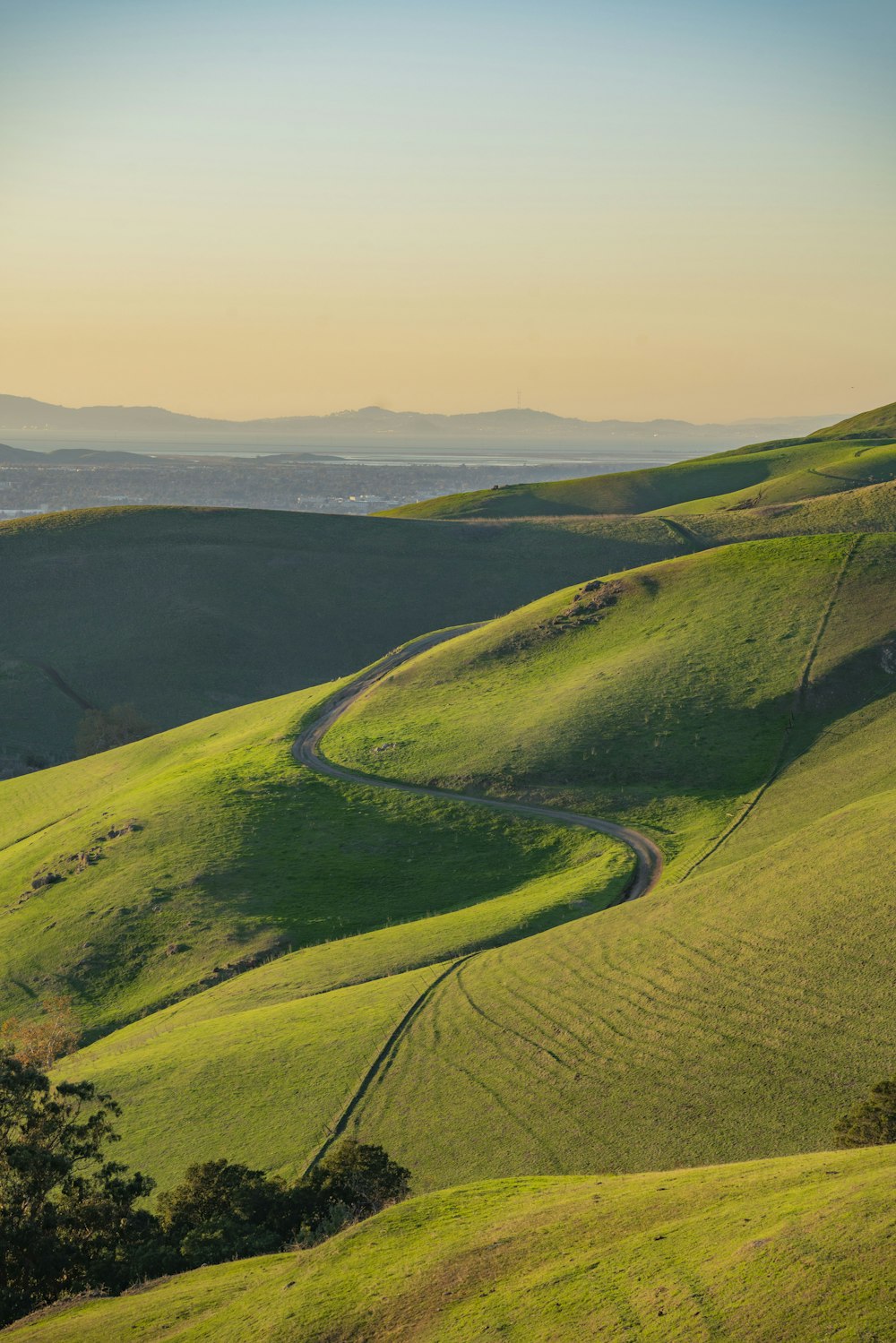 a winding road winding through a lush green hillside