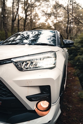 a white car parked in a wooded area