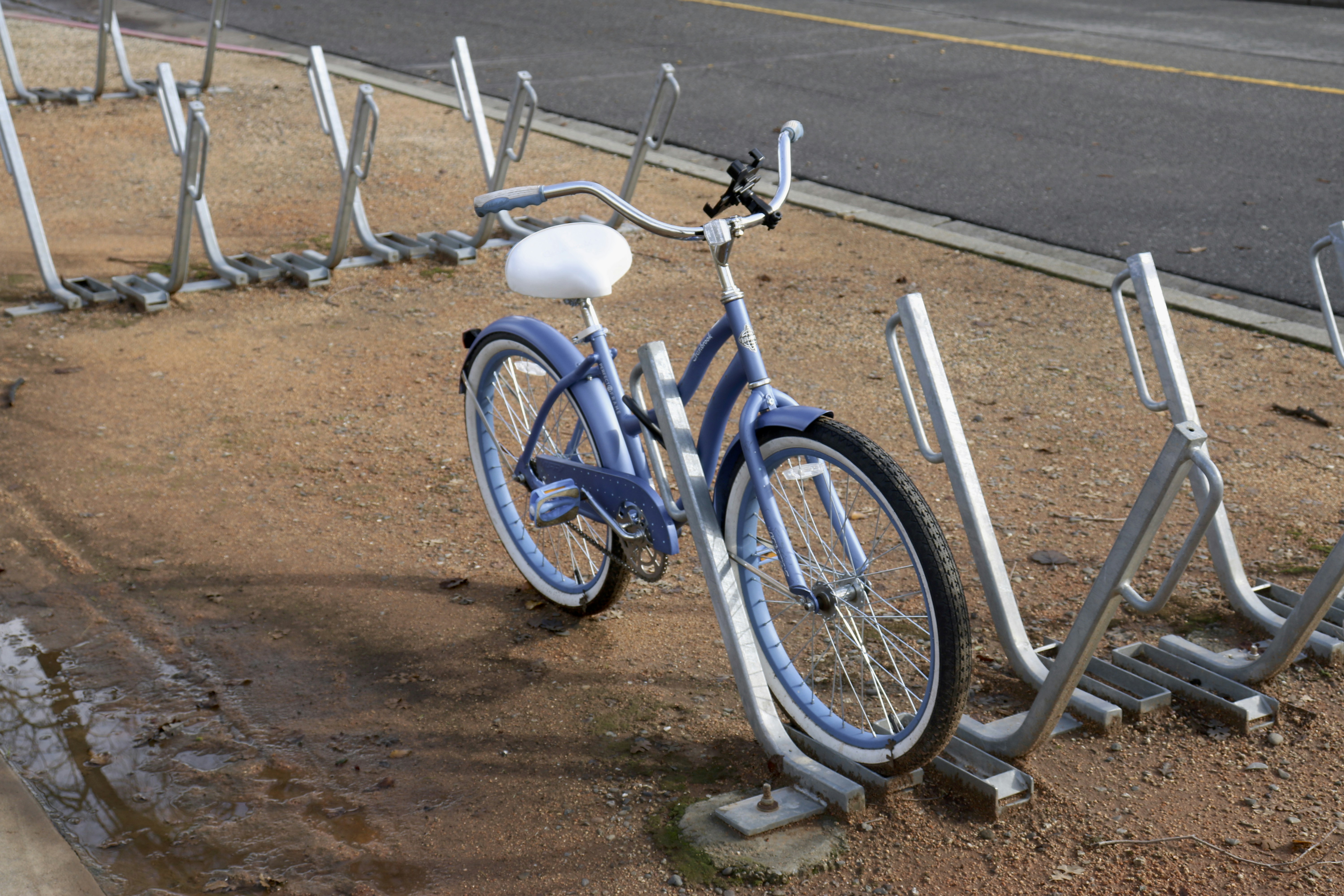 Una bicicleta azul estacionada junto a una hilera de barras de metal
