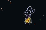 Neon lights create the image of a UFO beaming up a slice of pizza against a dark background.