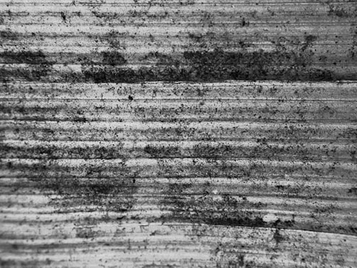 Close-up of a textured wooden surface with parallel lines and patches of dark, grainy dirt or mold.