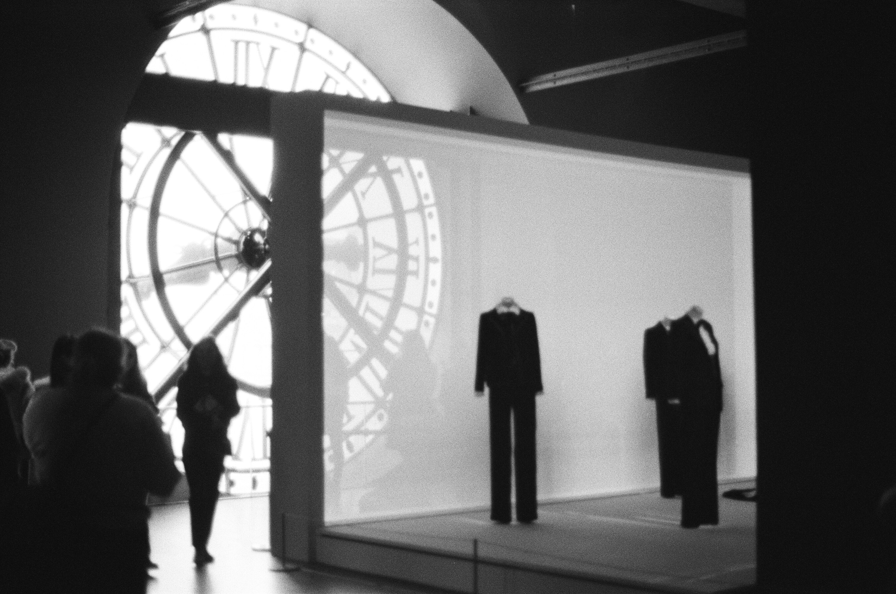a black and white photo of a display case