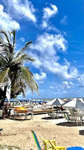 A vibrant beach scene with people relaxing under sunny skies and palm trees.