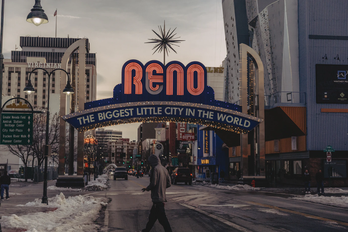 The illuminated Reno arch over Virginia Street at night
