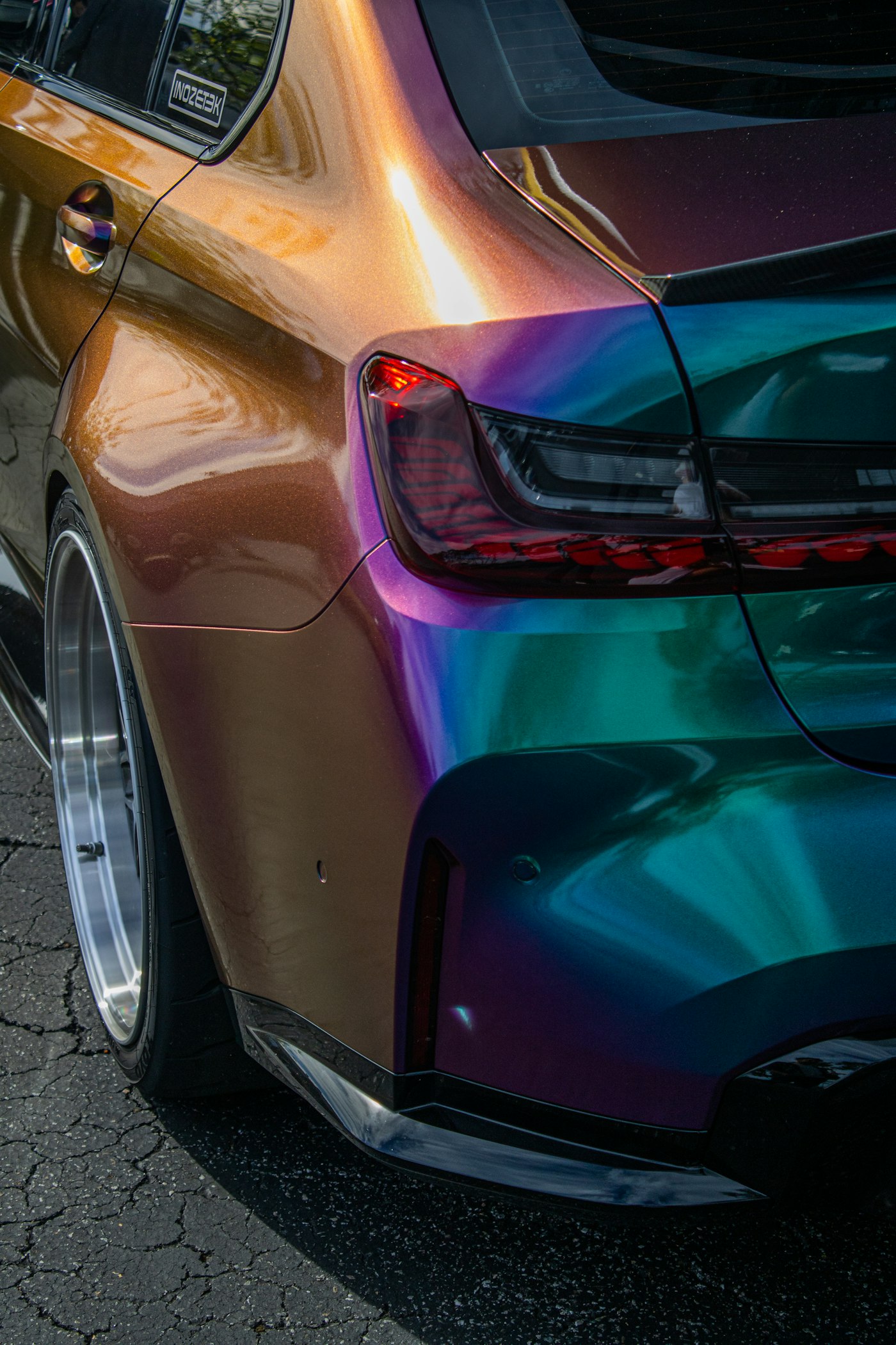 Iridescent colour-shift vehicle wrap, violet to teal