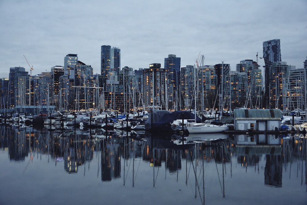 a harbor filled with lots of boats next to tall buildings