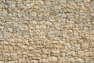 A close-up of a stone wall constructed with irregularly shaped stones of varying sizes, tightly fitted together. The surface is textured, with some stones appearing more prominent than others.