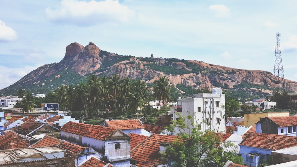 Eine Stadt mit einem Berg im Hintergrund