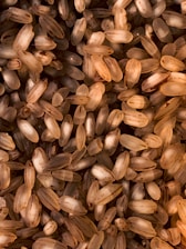 A close-up view of uncooked rice grains with a mixture of light brown and beige hues. The grains are of varying sizes and are scattered randomly.