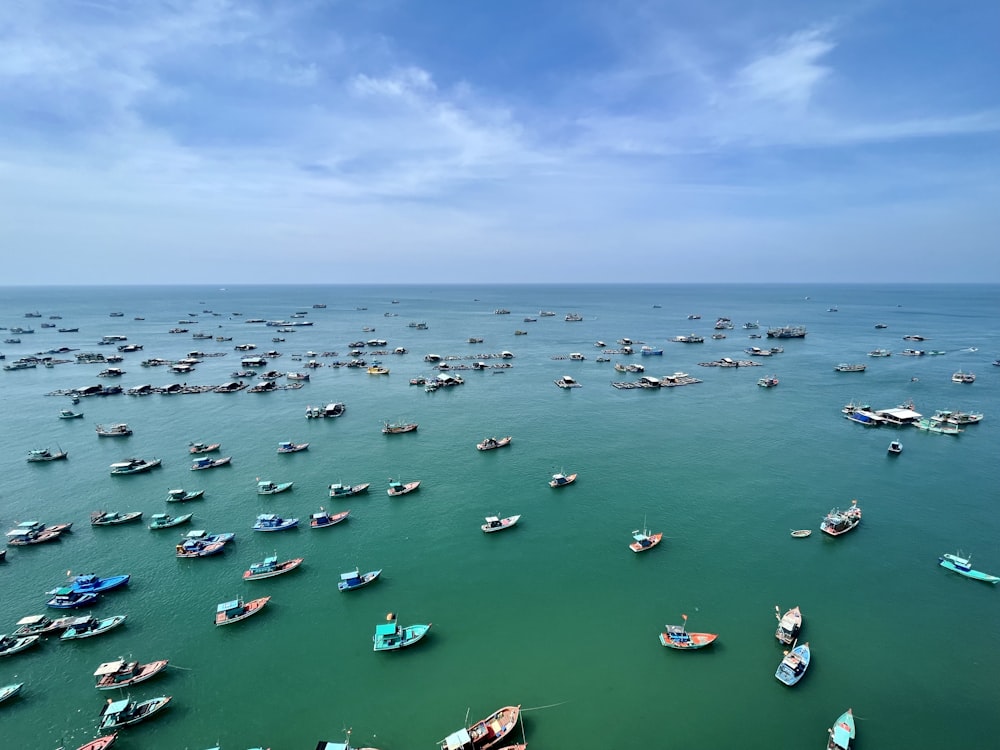 Eine große Gruppe von Booten, die auf einem großen Gewässer schwimmen