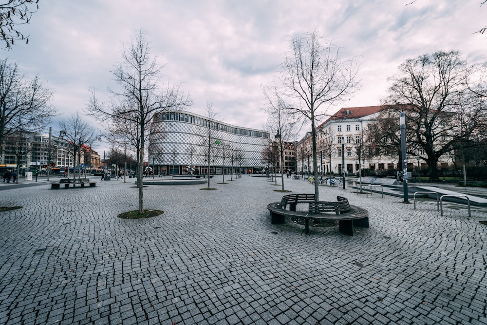 Ein Park mit Bänken und Bäumen in der Mitte