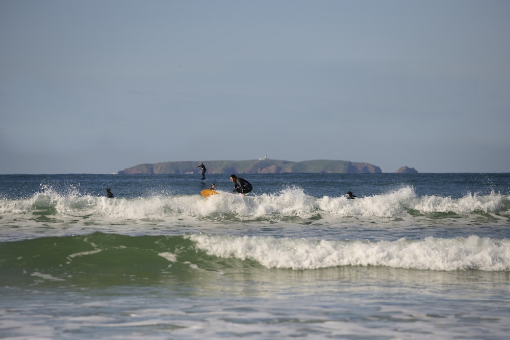 a group of people riding surfboards on top of a wave