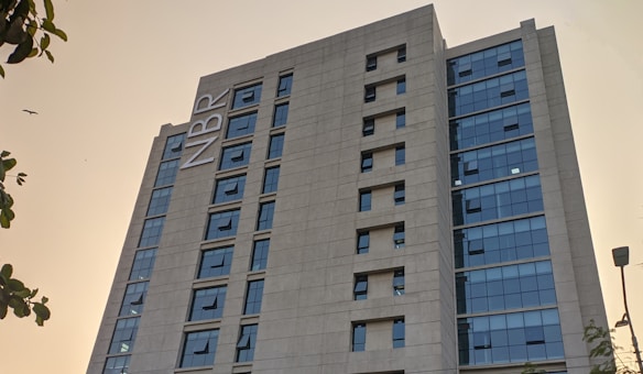 A tall office building with numerous windows, featuring the letters 'NBR' on its upper facade. The structure is surrounded by a clear sky, and a bird is visible in flight near the building. There are also some leaves from nearby trees partially framing the scene.