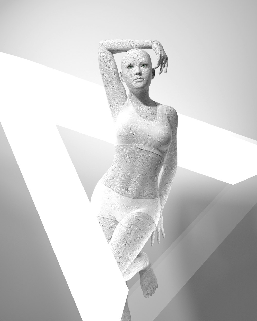 a black and white photo of a woman in a body suit