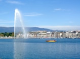 a large fountain spewing water into the air over a body of water