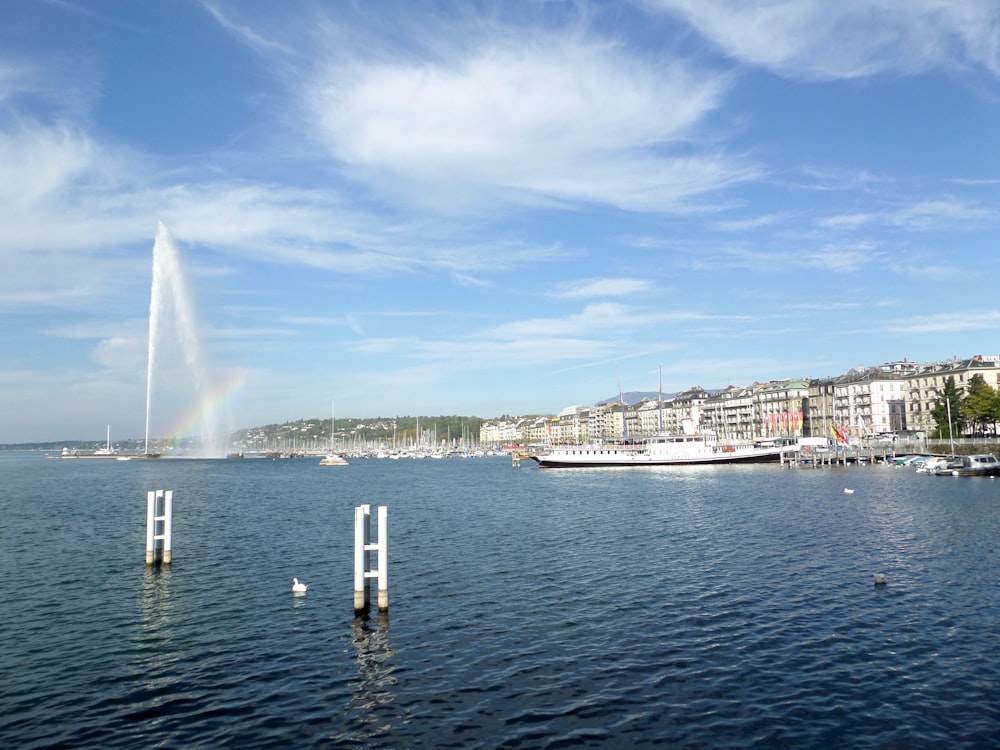 a large body of water with a rainbow in the sky